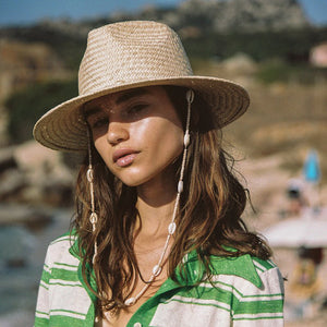 Women Summer Solid Straw Hat with Seashell Beads Strap